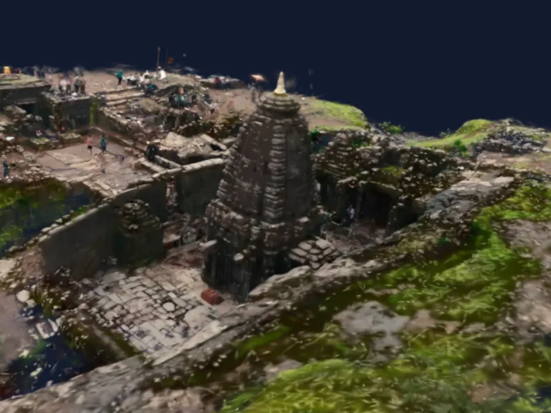 Gaussian splat of a stone temple on a hillside, made by OmniSplat from video